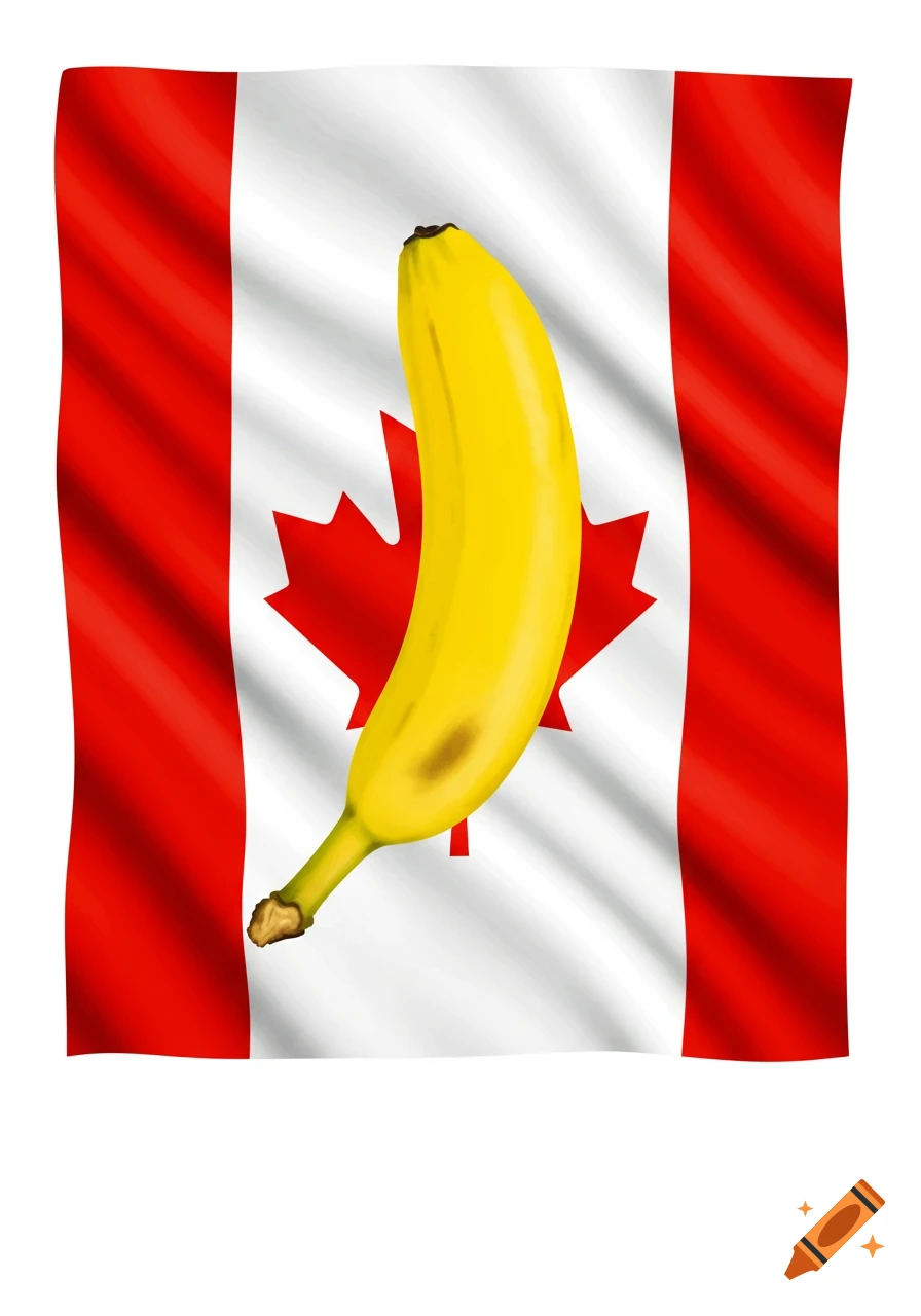 A banana replaces the maple leaf on a waving Canadian flag.