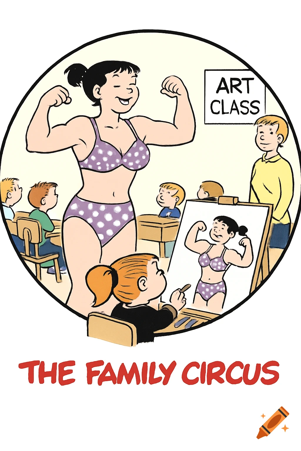 A cartoon comic strip depicts a woman in a polka dot bikini flexing in an art class while children draw her.