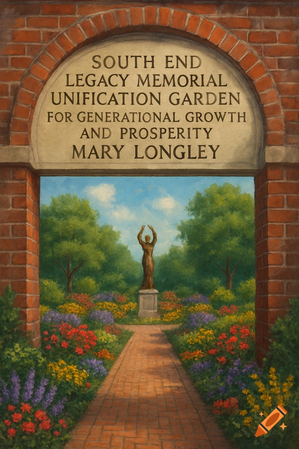 Oil painting of a brick archway leading to a vibrant garden with a central statue, colorful flowers, and a paved path. An engraved plaque is on the archway.