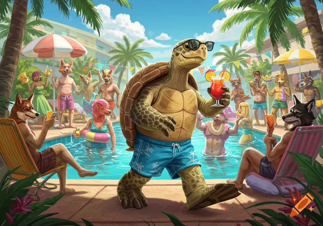 A cheerful, illustrated scene of a cool turtle in swim trunks and sunglasses strutting beside a vibrant pool party with other anthropomorphic animals. He holds a tropical drink.