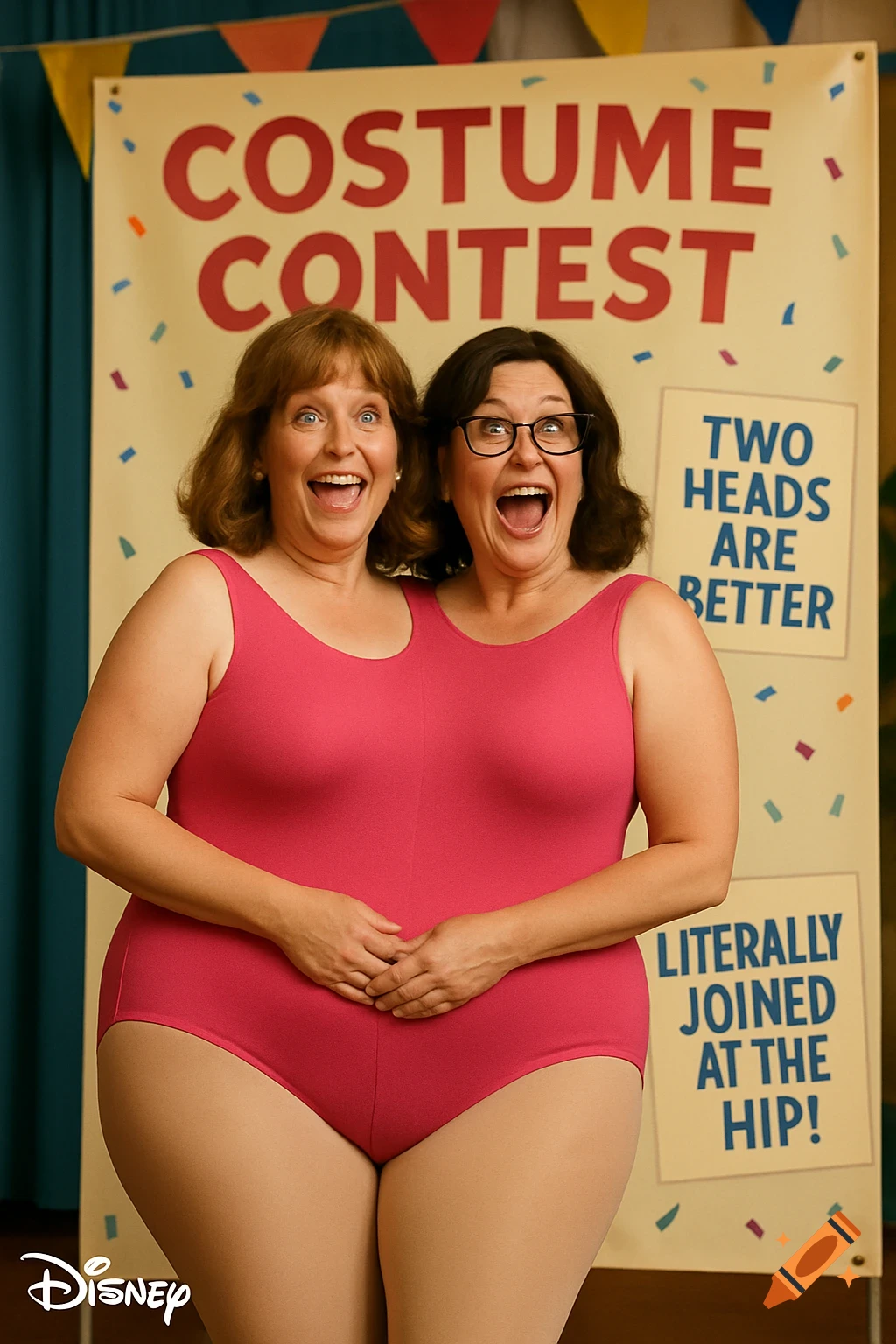 Two women in a single pink leotard costume create a two-headed illusion, posing enthusiastically in front of a "COSTUME CONTEST" banner.
