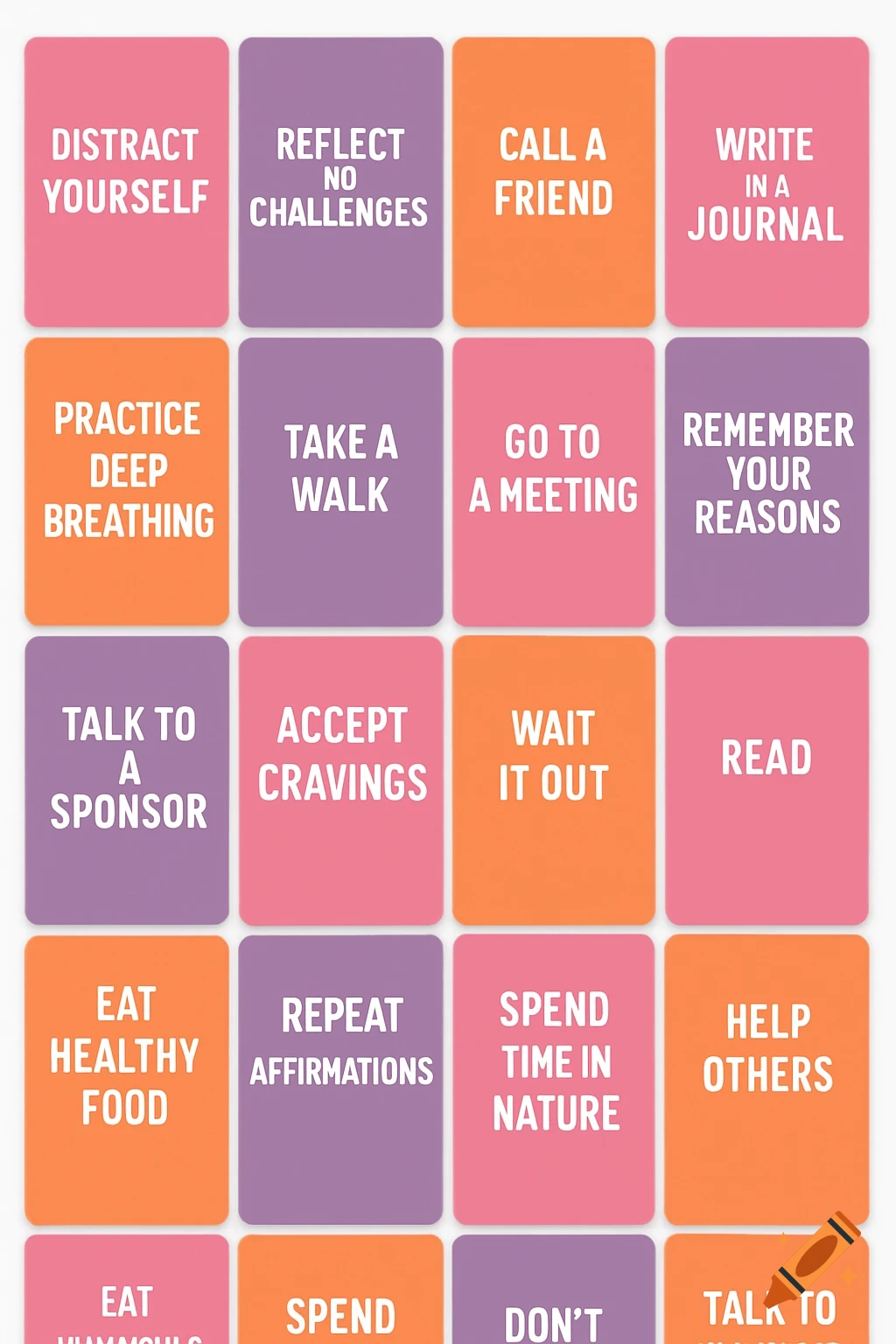 A grid of pink, purple, and orange cards displaying various coping skills like 'DISTRACT YOURSELF', 'CALL A FRIEND', and 'PRACTICE DEEP BREATHING'.