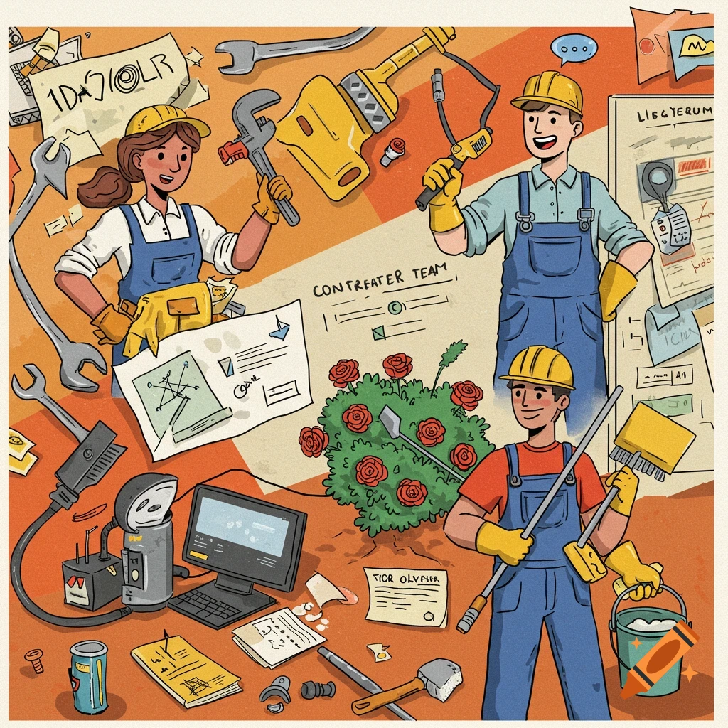 A colorful cartoon illustration depicts a team of contractors, including a plumber, electrician, gardener, and cleaner, surrounded by various tools, documents, and plants.