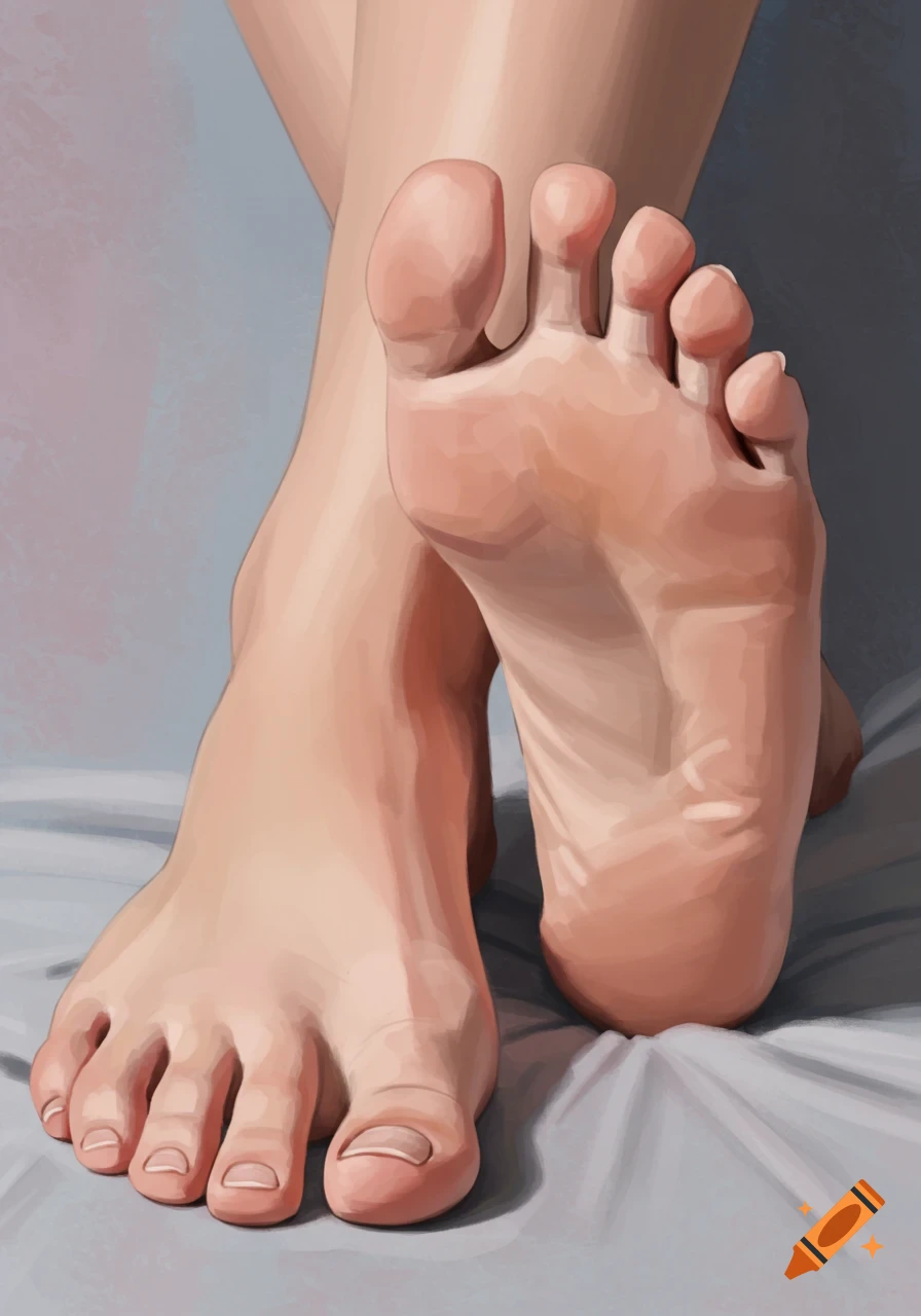 A close-up digital painting of two bare feet, one seen from the top and the other from the sole.