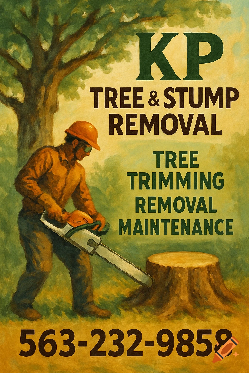 A painting of a man in an orange hard hat and safety glasses cutting a tree stump with a chainsaw, with text for a tree and stump removal service.