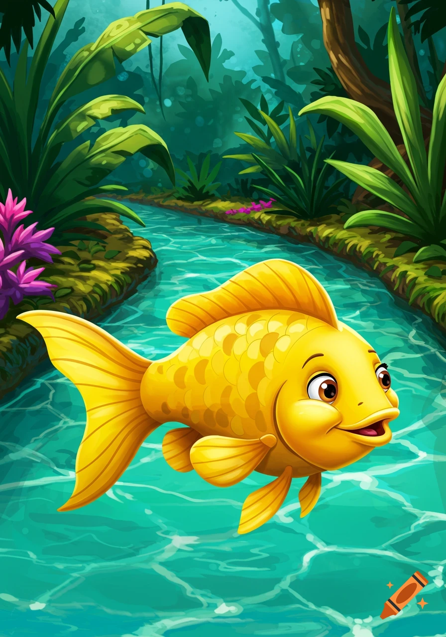A happy, cartoon-style golden fish swims in a clear blue river surrounded by lush green jungle plants and pink flowers.