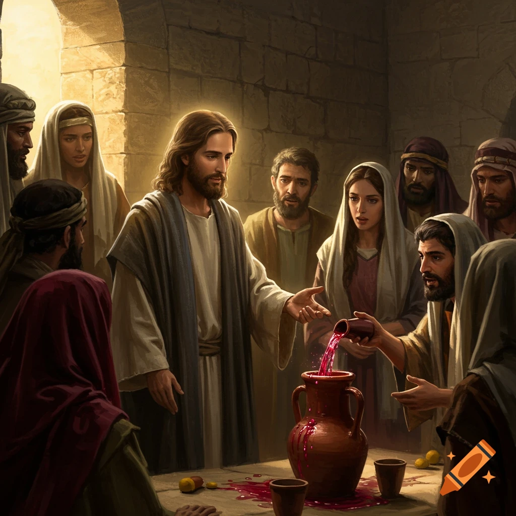 Jesus stands among disciples, pointing towards a jug as water turns to wine, in a warmly lit stone room.