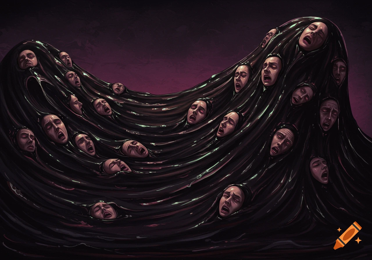 A dark, glossy wave of tar-like substance with numerous pale, screaming human faces emerging from it.