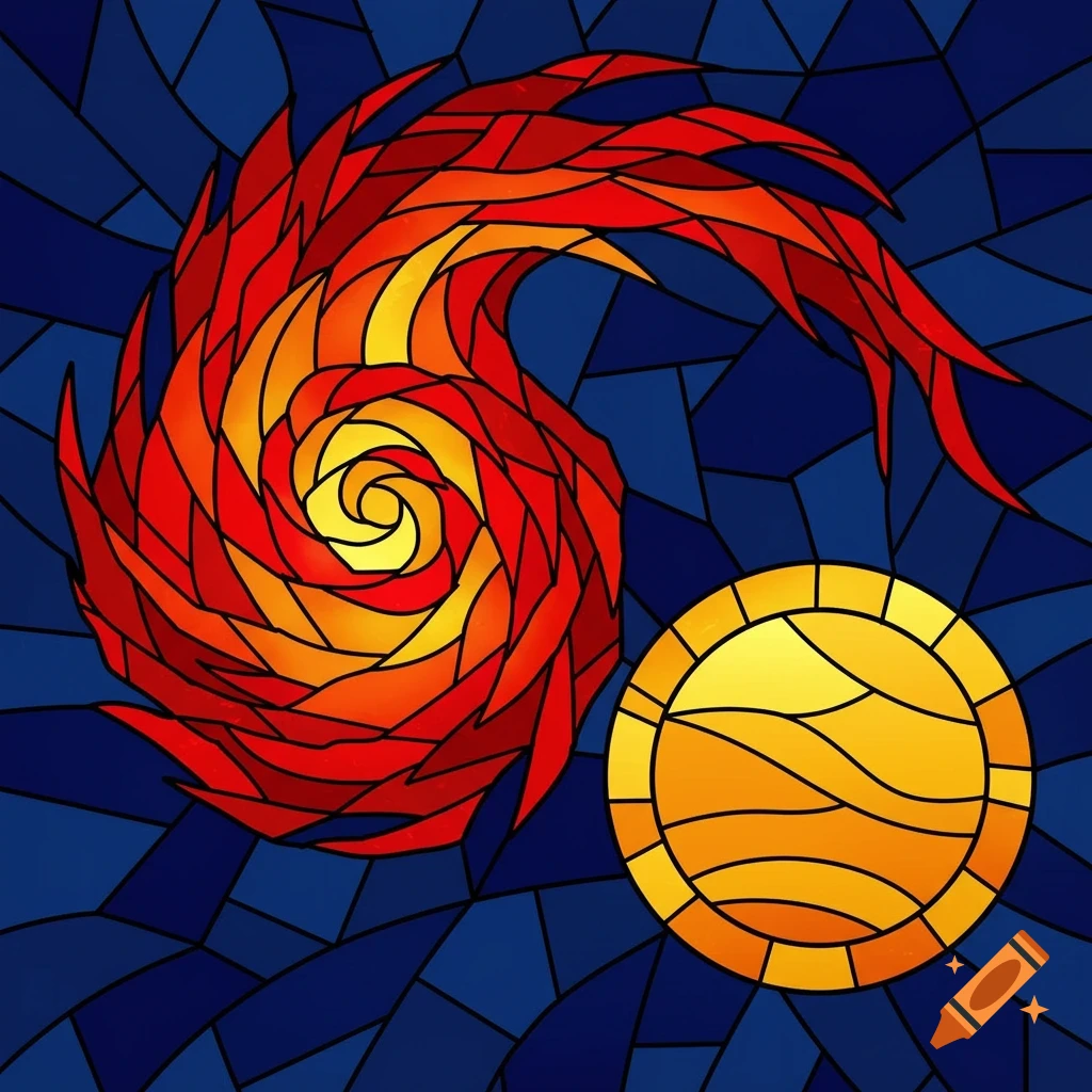 A stylized stained glass artwork featuring a swirling red and orange fireball next to a golden sun, set against a dark blue background.