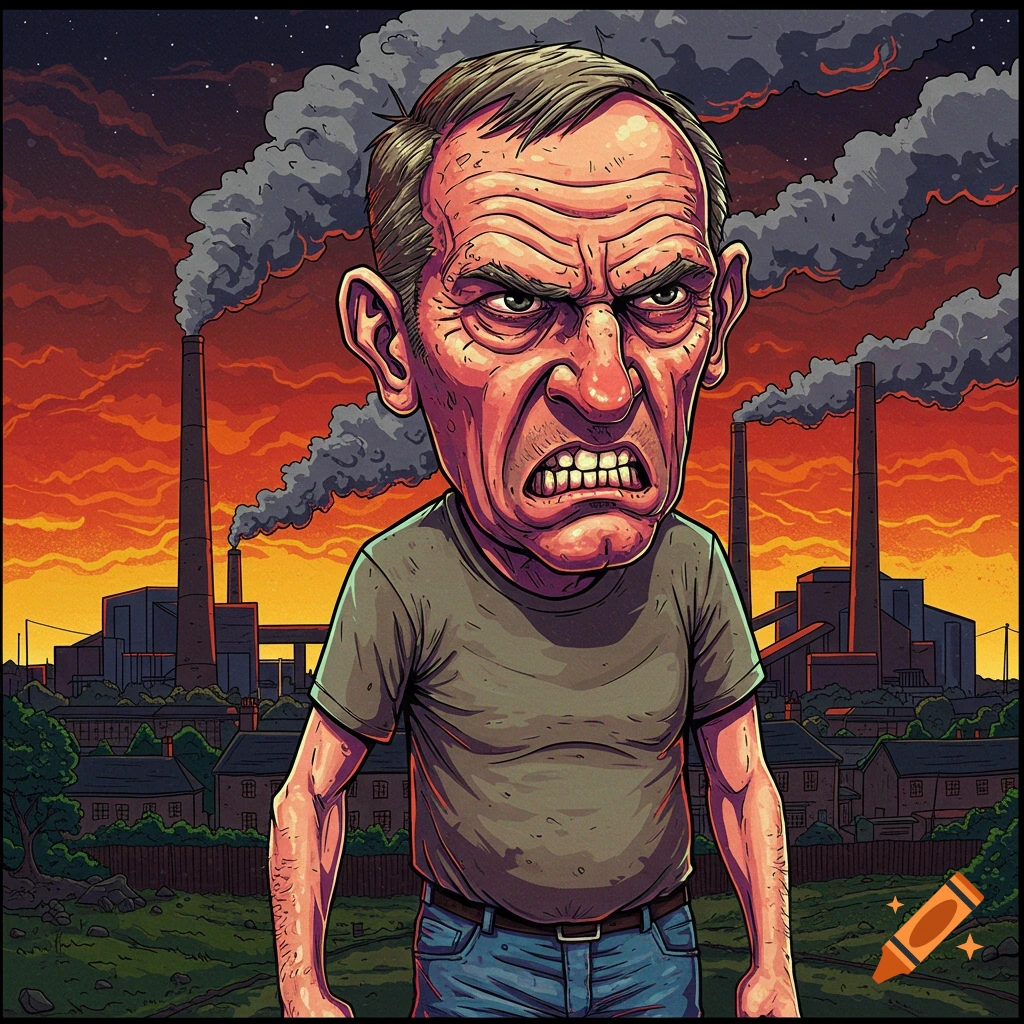 An angry, scowling caricature of a man, teeth bared, in a cartoon style, stands before smoking factories under an orange sky.