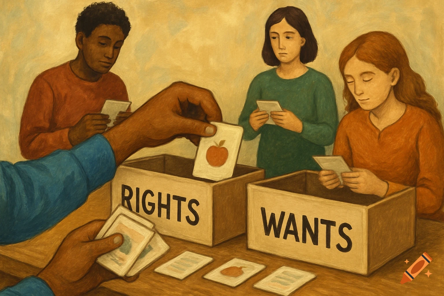 People sort cards into boxes labeled 'RIGHTS' and 'WANTS' in a painterly illustration.