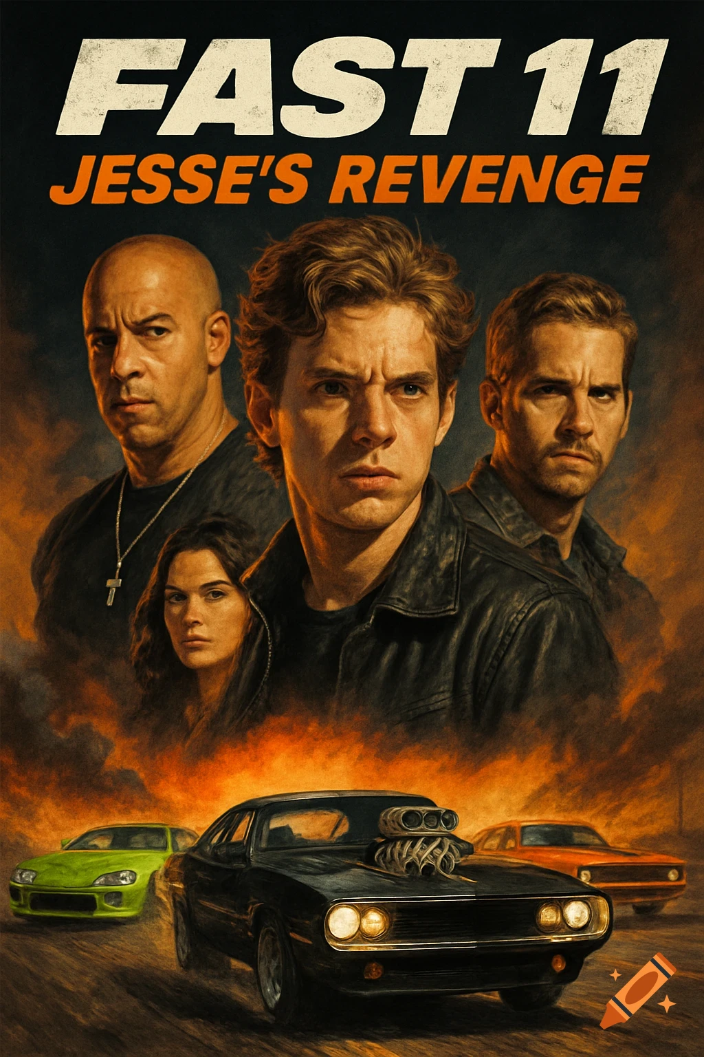 Movie poster for 'Fast 11: Jesse's Revenge' featuring four characters and three sports cars against an fiery orange background.