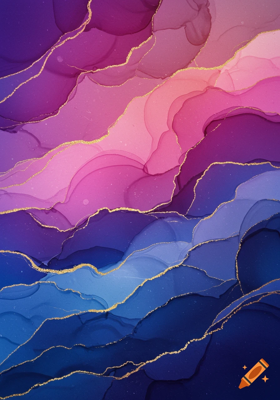 Abstract fluid art background with swirling pink, purple, and blue inks outlined by golden glitter.