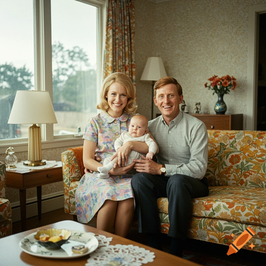 1960s family portrait of a smiling blonde woman holding a baby, seated on a patterned couch next to her smiling ginger-haired husband.
