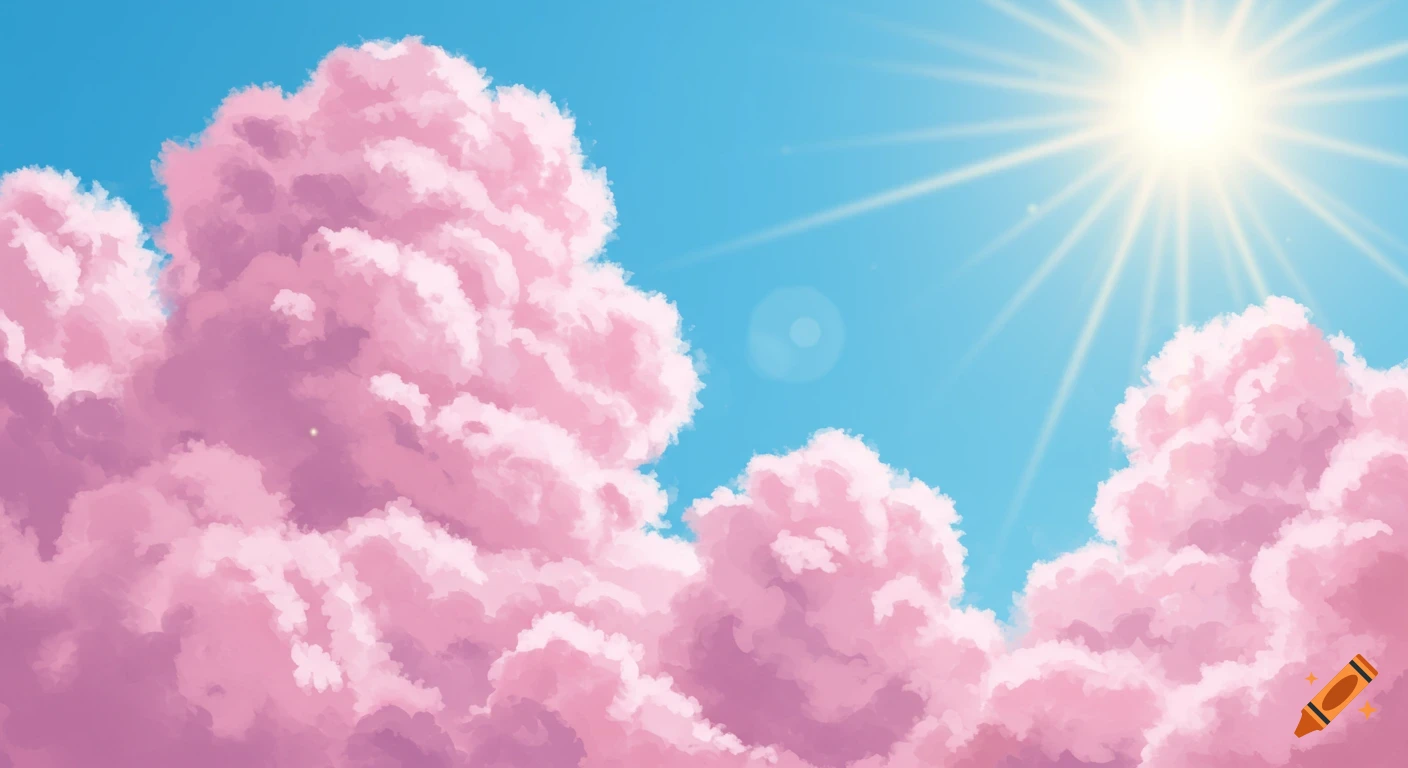 Pink, candy floss-like clouds fill a bright blue sky, with golden sun rays beaming from the upper right corner in an illustrated style.