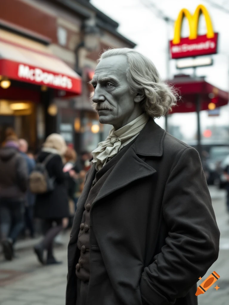 Photorealistic image of a man resembling Robert Louis Stevenson in historical attire standing outside a McDonald's restaurant.