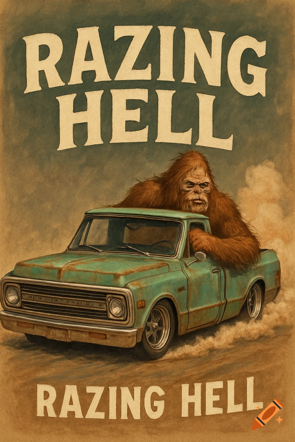 Vintage poster illustration of Bigfoot driving a rusty green 1972 C10 truck, with 'RAZING HELL' at the top and bottom.