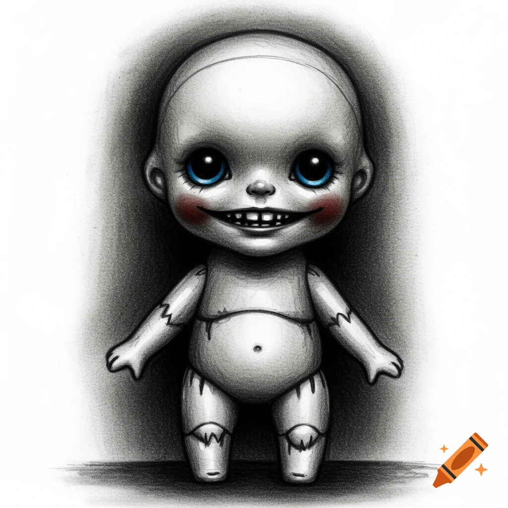 A grayscale sketch of a creepy doll with big blue eyes, red cheeks, and a wide, toothy smile, against a dark background.