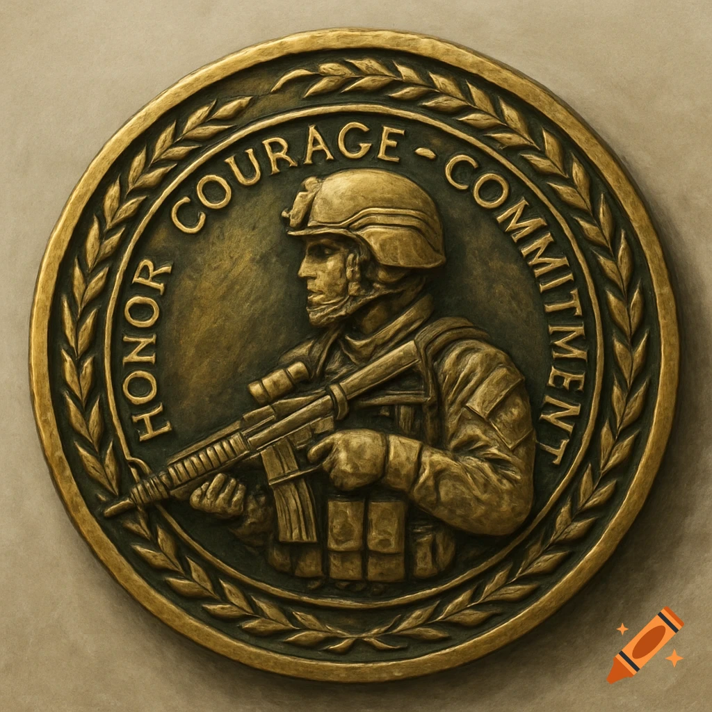 A bronze military challenge coin featuring a soldier with a rifle in relief, encircled by "HONOR COURAGE - COMMITMENT" and a laurel wreath border.