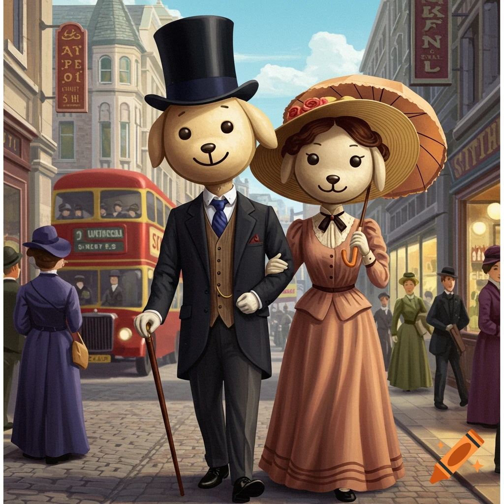 An anthropomorphic dog couple dressed in 1900s clothing walks arm-in-arm down a bustling city street.