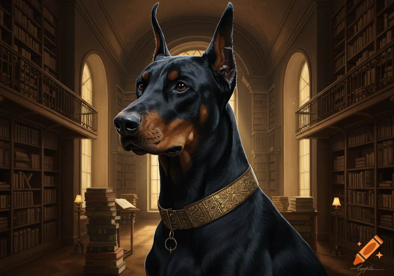 A black and tan Doberman dog with erect ears and a decorative gold collar stands in a grand, dimly lit library filled with books.