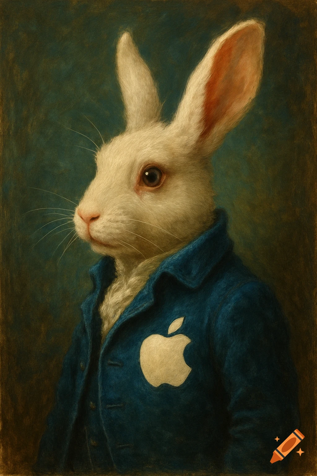 A portrait of a white rabbit wearing a blue coat with an Apple logo, rendered in the style of an old oil painting.