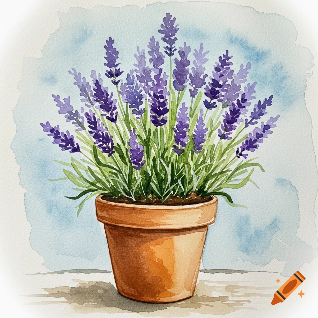Watercolor illustration of a lavender plant in a terracotta pot against a blue background.