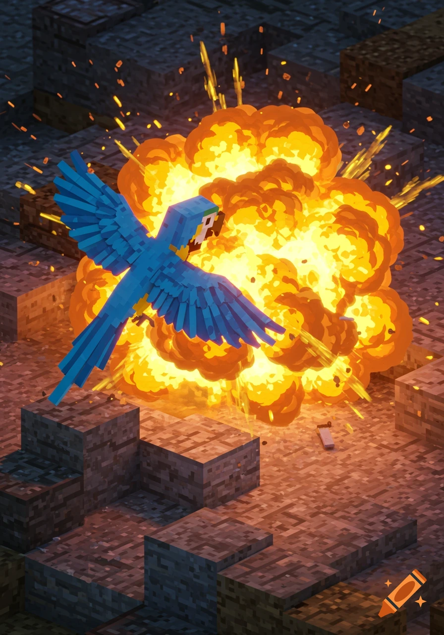 A blue, blocky Minecraft parrot flies away from a large orange explosion on a blocky ground.