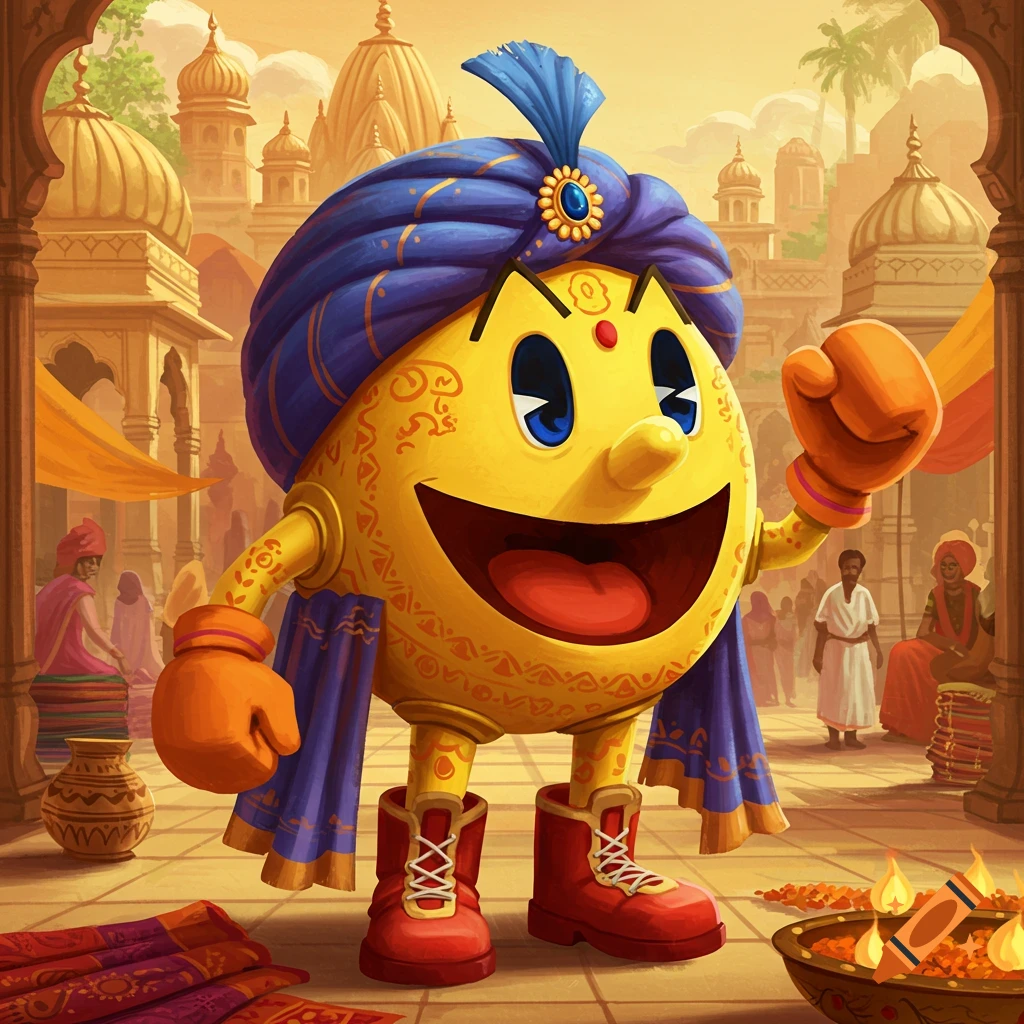 Pac-Man dressed in a blue turban and red boots, adorned with traditional Indian patterns, stands smiling in an Indian market.