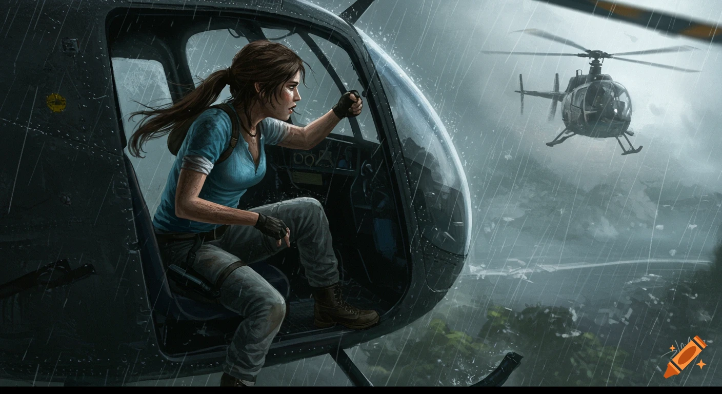 Lara Croft leans out of a helicopter door in pouring rain, looking towards another helicopter nearby. Digital painting.