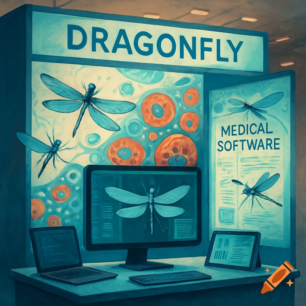 A teal and orange conference booth displaying dragonflies and cells, with 'DRAGONFLY' and 'MEDICAL SOFTWARE' signs, and computers.