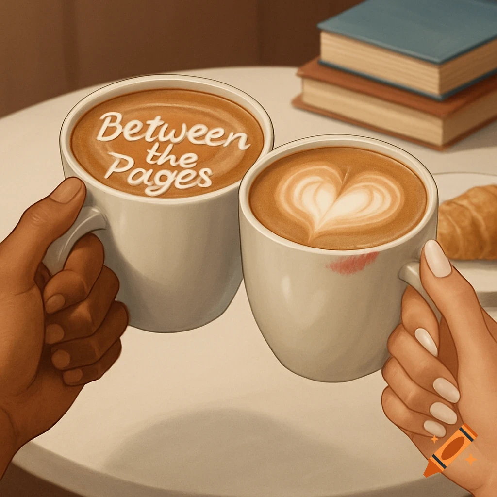 Two hands, one male and one female, hold coffee mugs in a toast. One mug has "Between the Pages" in latte art; the other has a heart design and a lipstick stain. Books and a croissant are in the background, in a cozy cafe setting.