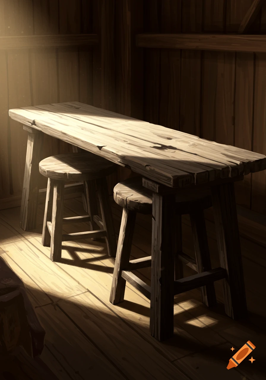 A rustic wooden table with two stools in a dimly lit room, with sunlight streaming from the left.