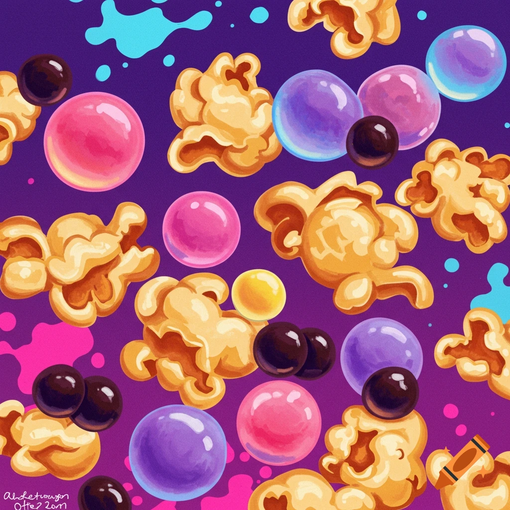 Vibrant illustration of popcorn, colorful bubbles, and dark spheres on a purple background with blue and pink splatters.
