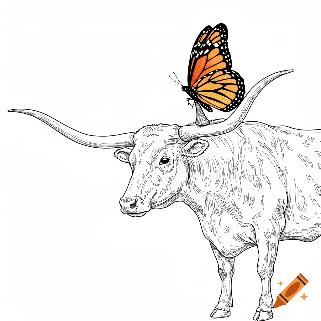 Line art illustration of a longhorn bull with a monarch butterfly perched on its head.
