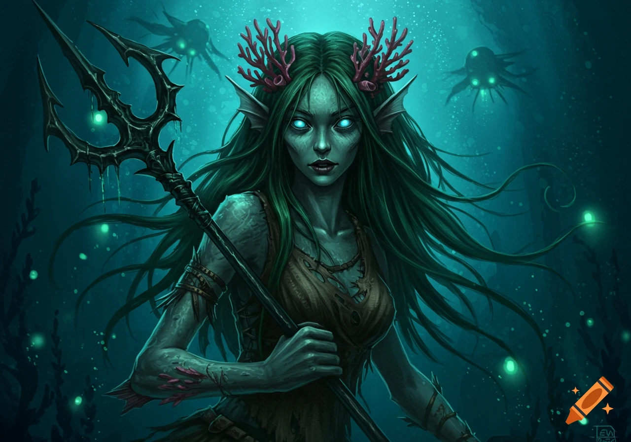 A dark fantasy art illustration of a creepy sea elf woman with glowing blue eyes, green hair, and coral antlers, holding a trident underwater.