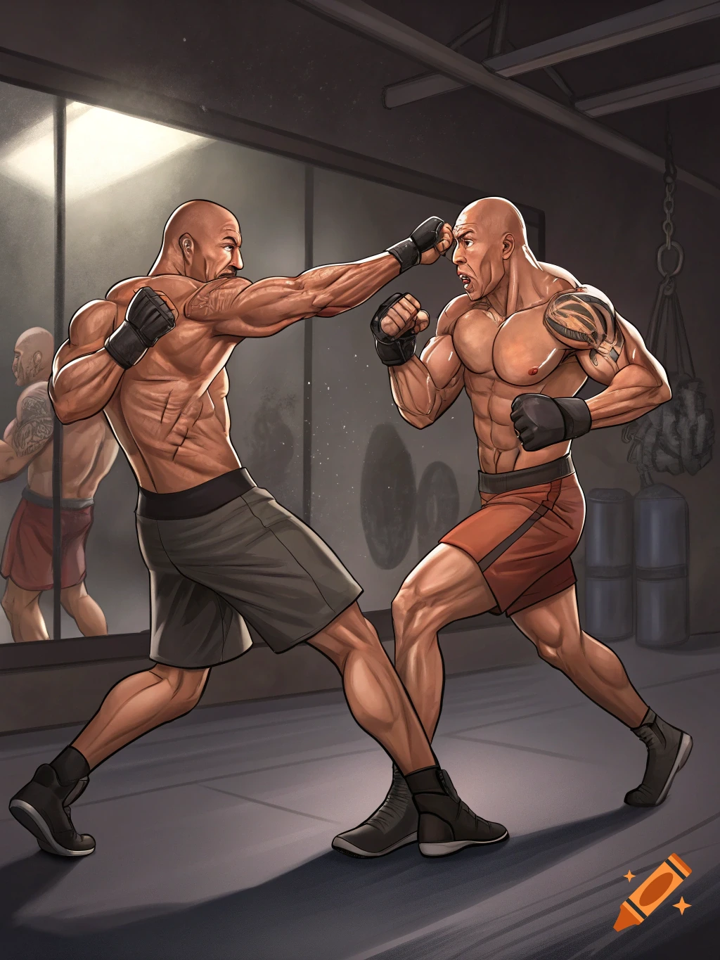 Two muscular men sparring in a gym, one throwing a punch at the other, in a stylized illustration.