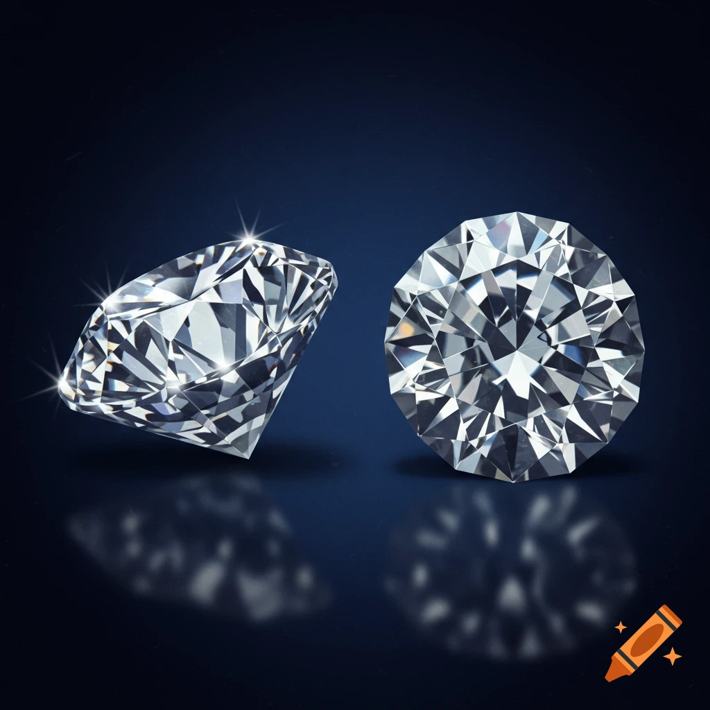 Two sparkling brilliant-cut diamonds on a dark blue reflective surface, one angled and one top-down.