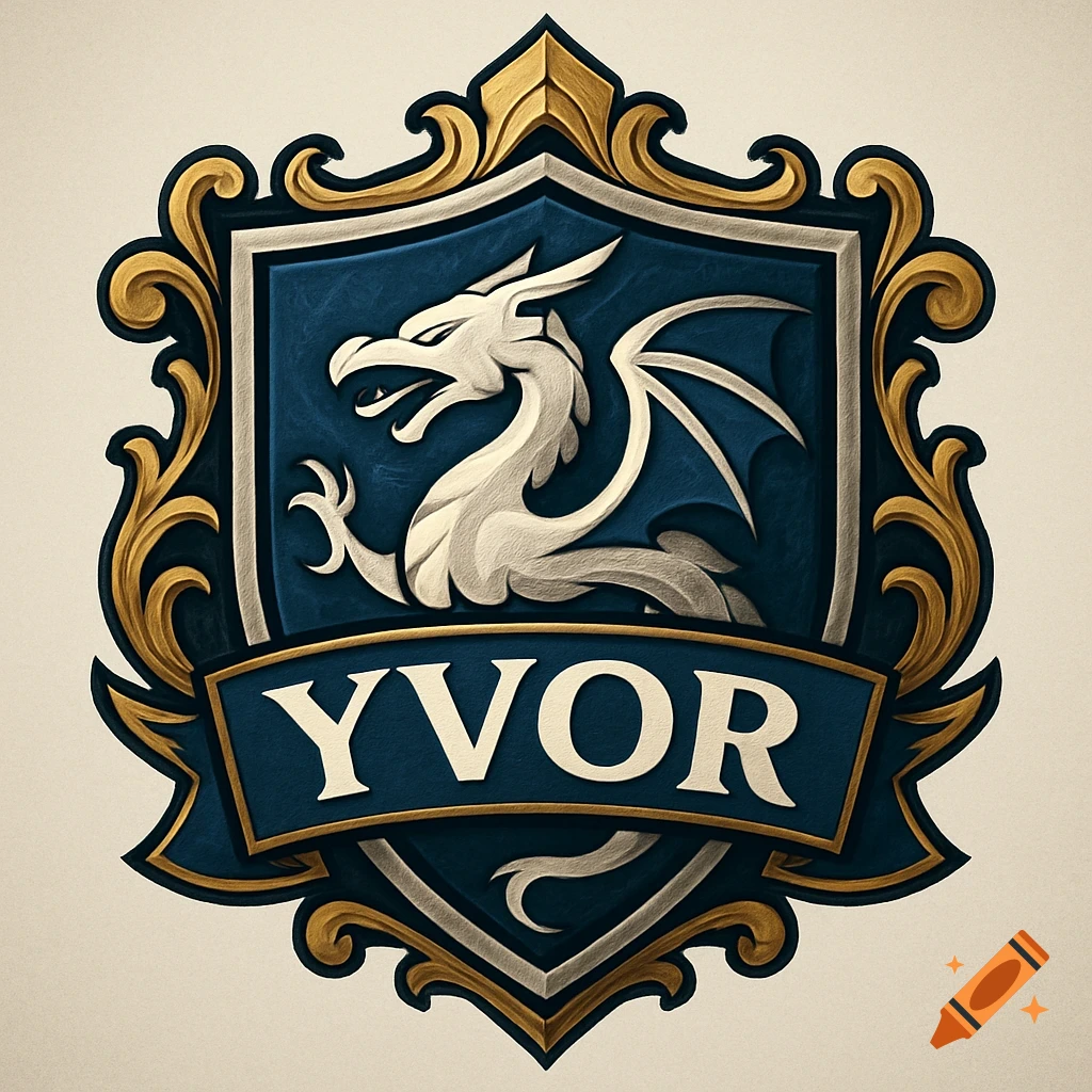 A white dragon on a blue and gold ornate shield with 'YVOR' on a banner at the bottom.