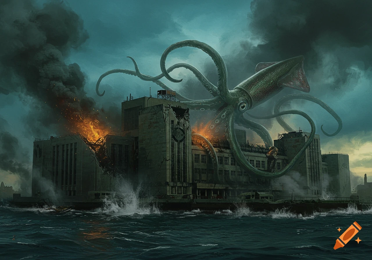 A giant squid attacks the Thames Valley Signalling Centre, creating a scene of dramatic destruction with smoke rising, in the style of an old master oil painting.