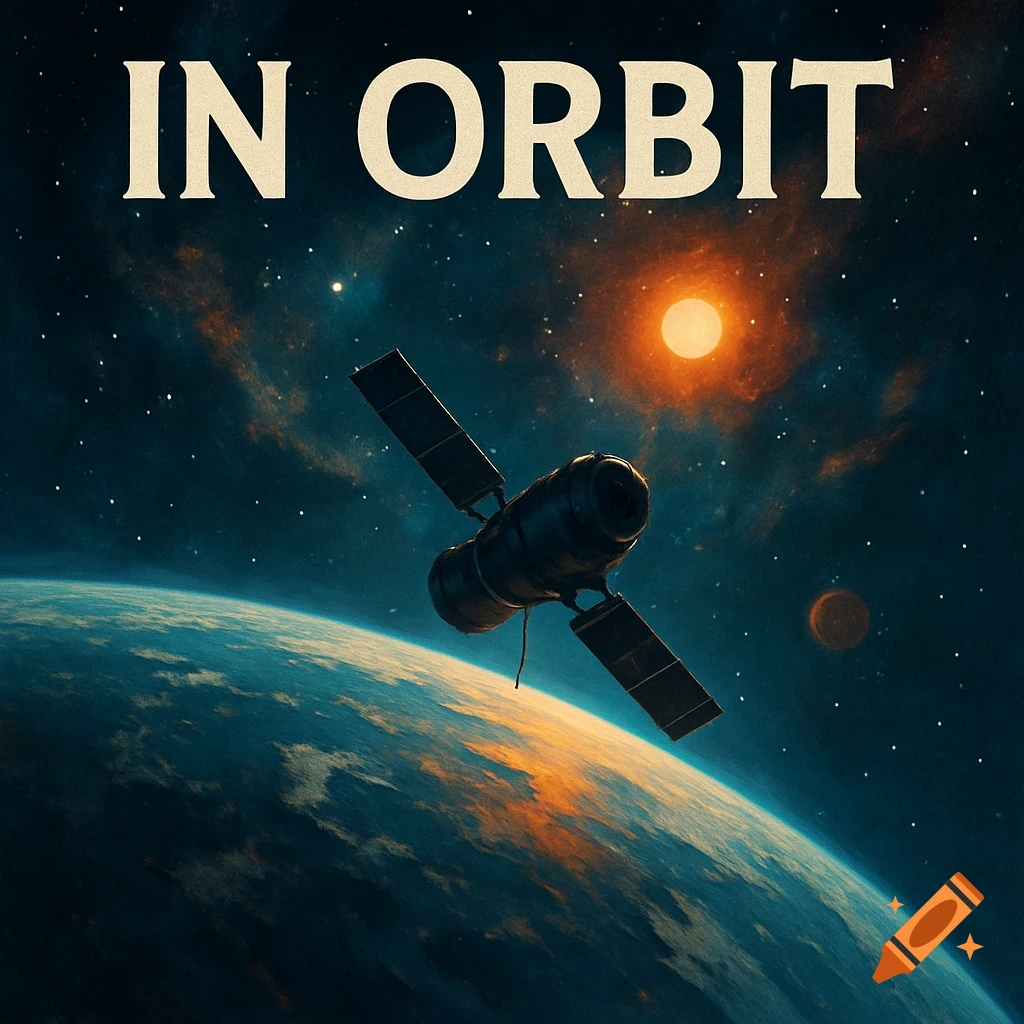 A satellite orbits a large blue planet with orange glowing clouds, under a starry sky with a bright sun and a distant moon. The words 'IN ORBIT' are at the top.