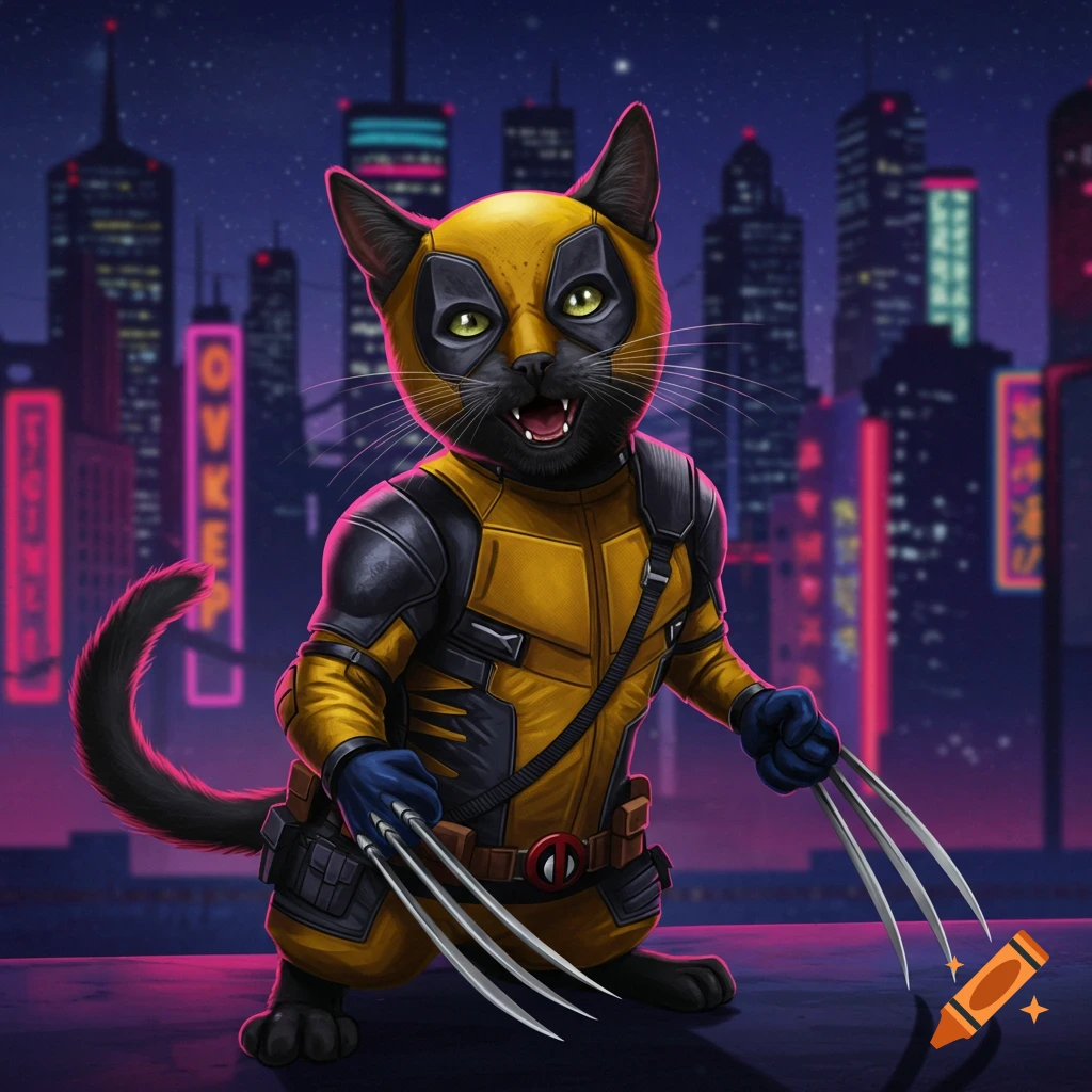 A cat dressed as Wolverine from Deadpool 3 stands on a rooftop against a futuristic city skyline at night.