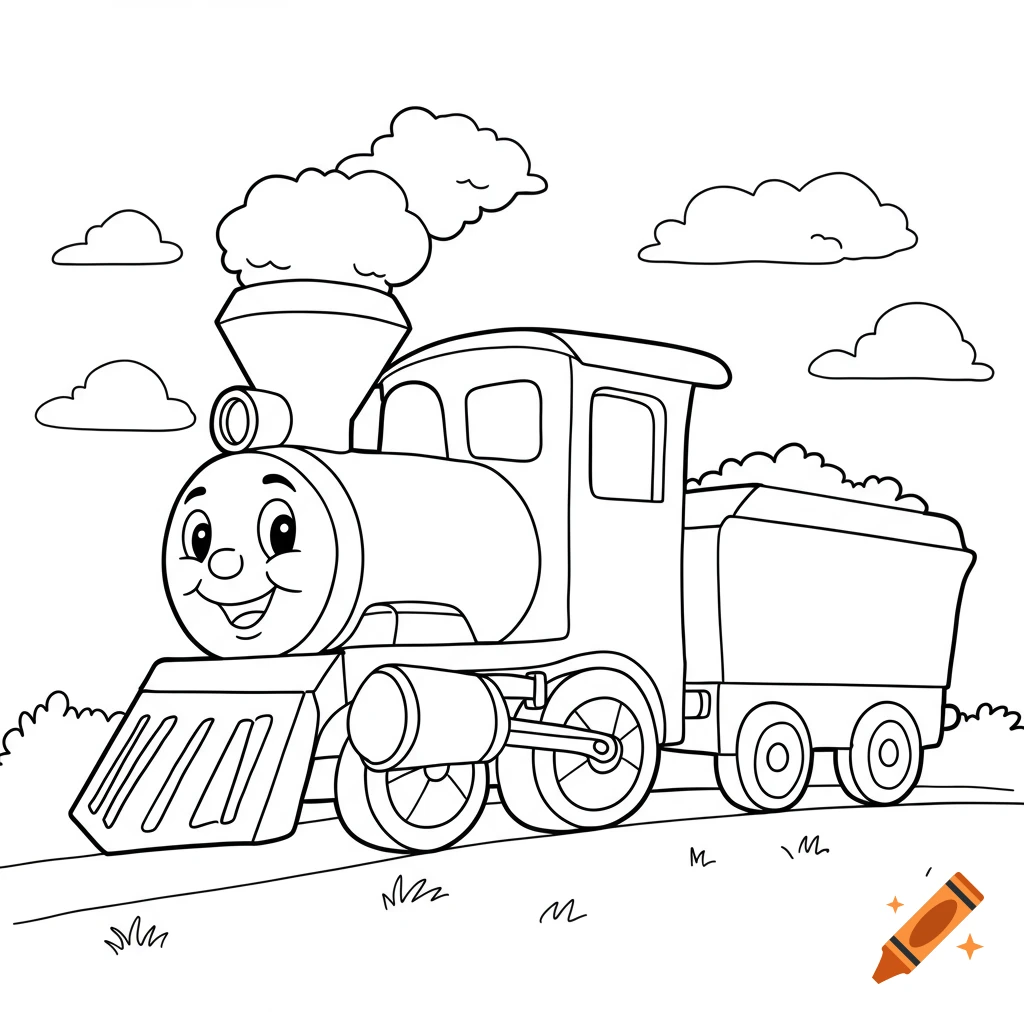 A black and white outline drawing of a happy cartoon train with a coal car, emitting smoke, on tracks with clouds and grass in the background.