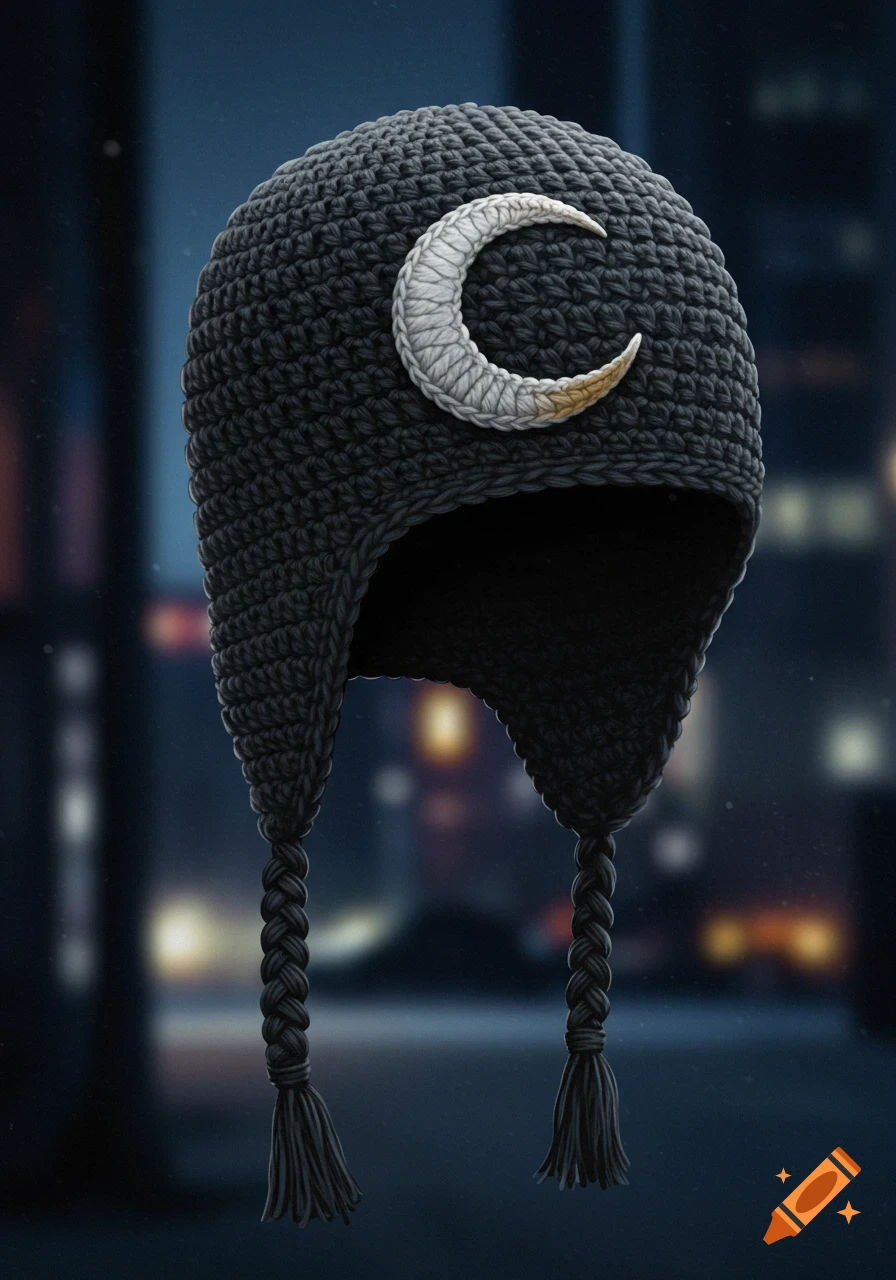 A dark gray crochet beanie with a white crescent moon emblem and braided ear flaps, set against a blurred urban night background.