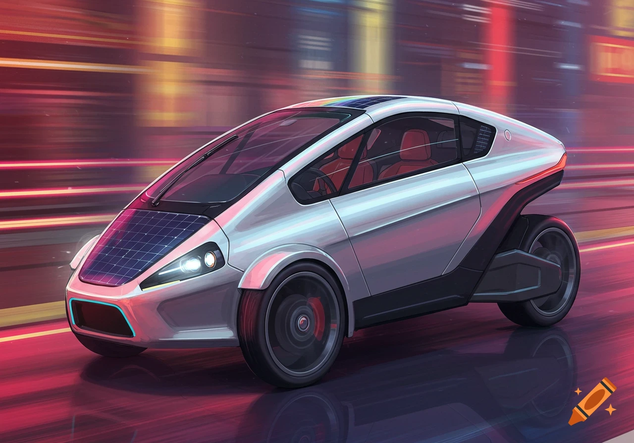 A sleek, silver three-wheeled futuristic car with solar panels on its hood drives at speed on a neon-lit, wet city street at night.