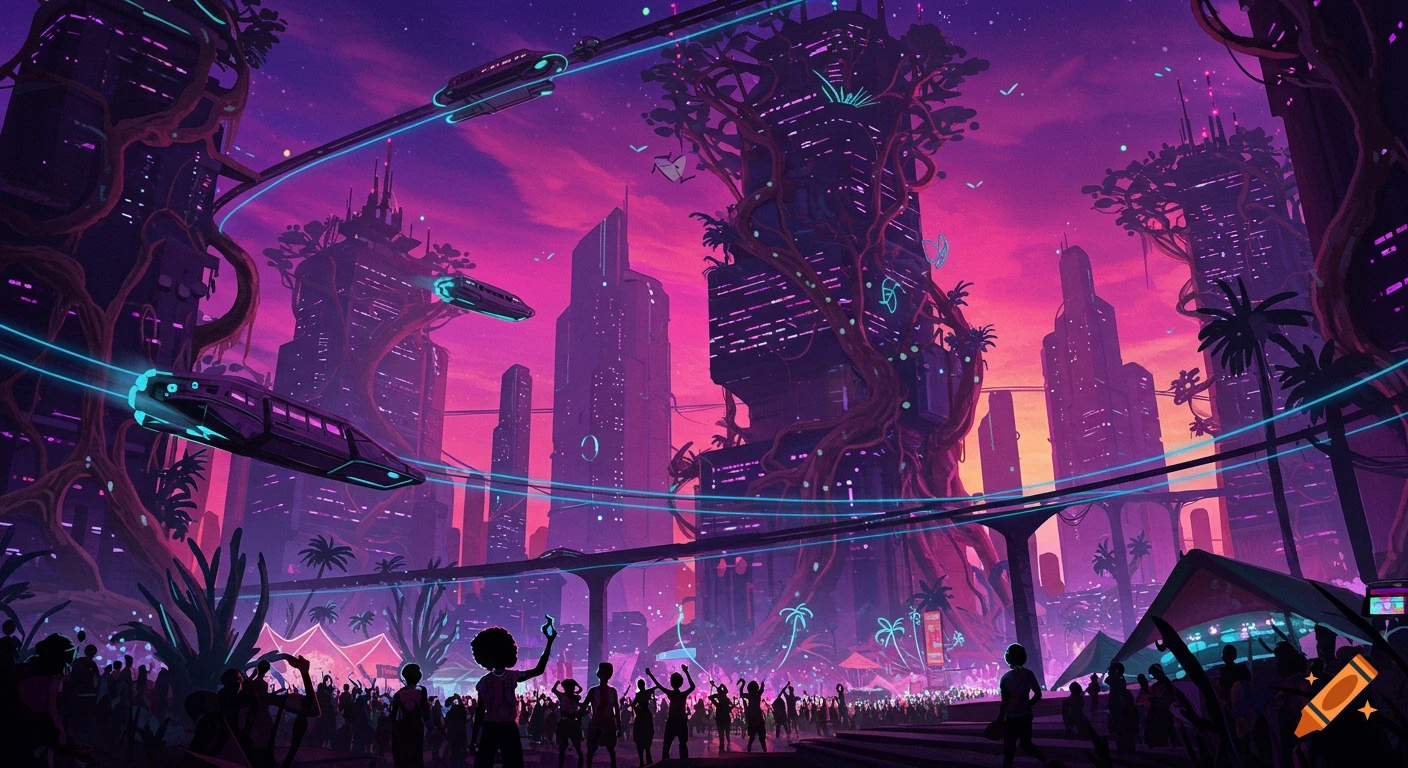 A vibrant Afrofuturistic cityscape with a festival crowd, bioluminescent trees, and elevated trains under a purple sky.