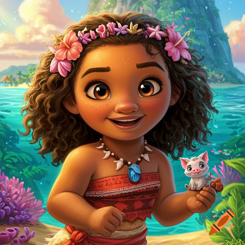 A stylized cartoon girl with curly hair and a flower crown smiles, holding a small piglet, on a vibrant tropical island.