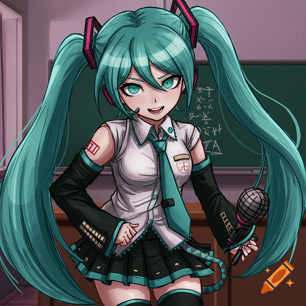 Hatsune Miku in a Danganronpa-style school uniform, holding a microphone in front of a classroom blackboard.