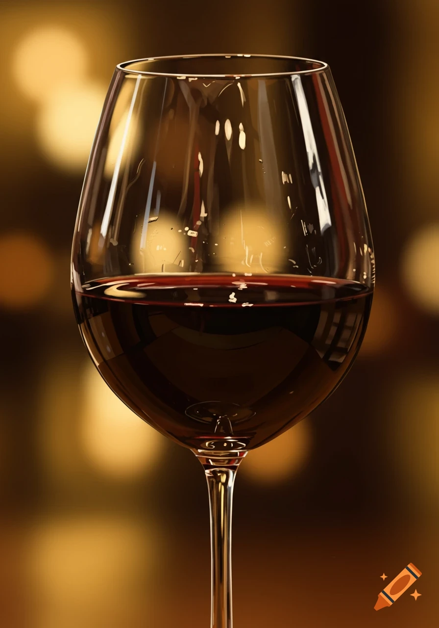 A close-up, photorealistic shot of a wine glass filled with red wine against a blurred bokeh background.