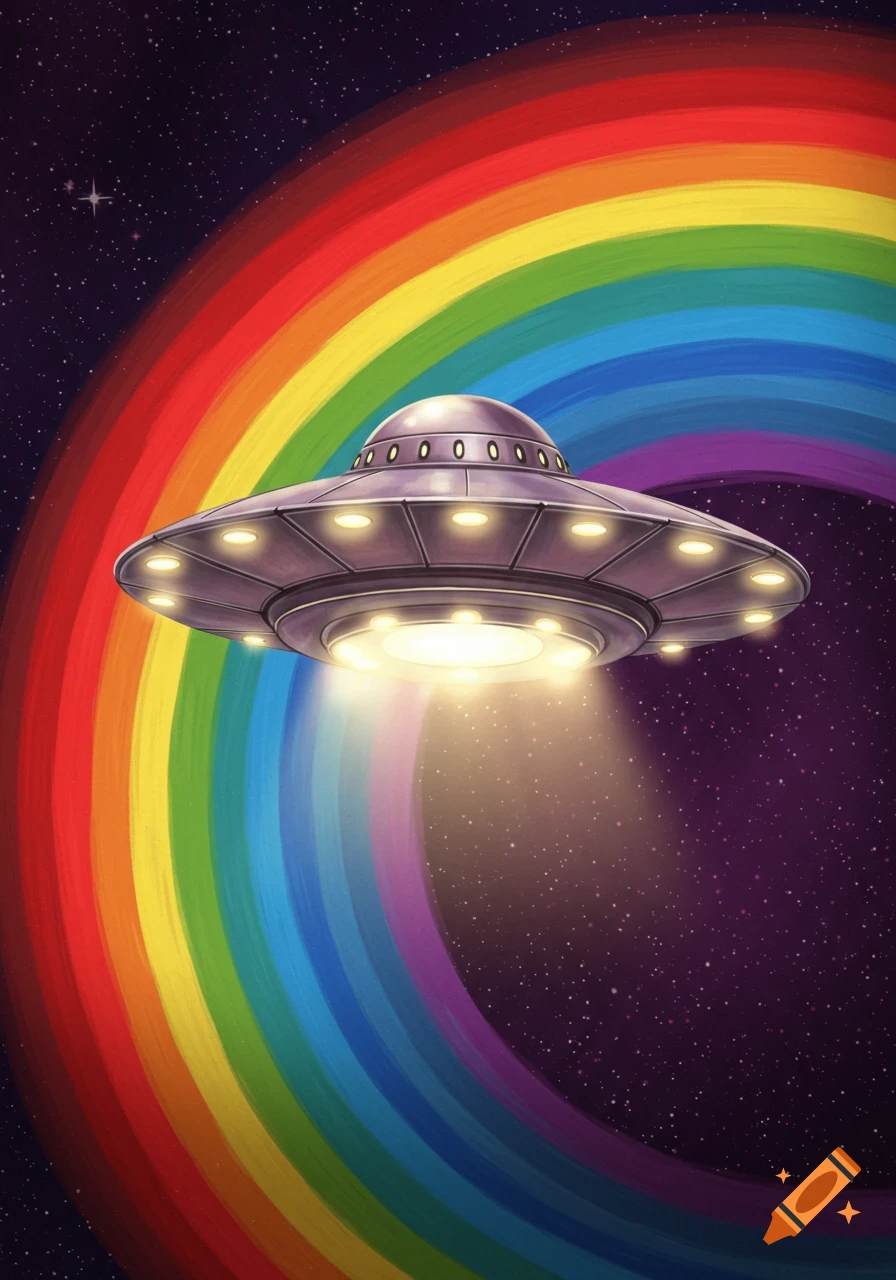 A silver UFO hovers in space, beaming light onto a vibrant arc of rainbow colors with a starry background.